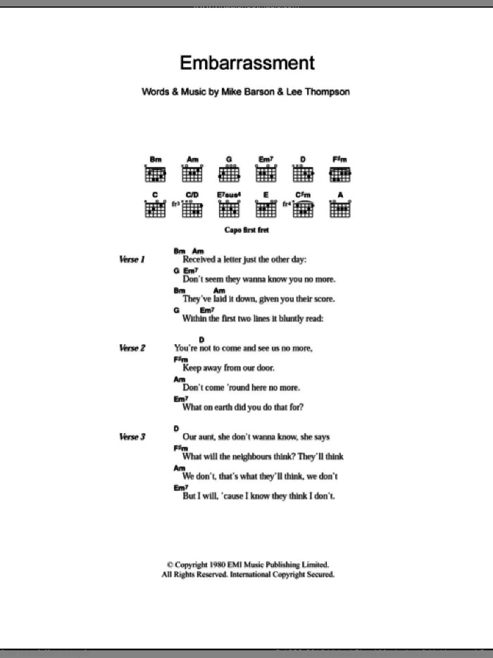 Embarrassment sheet music for guitar (chords) by Madness, Lee Thompson and Michael Barson, intermediate skill level