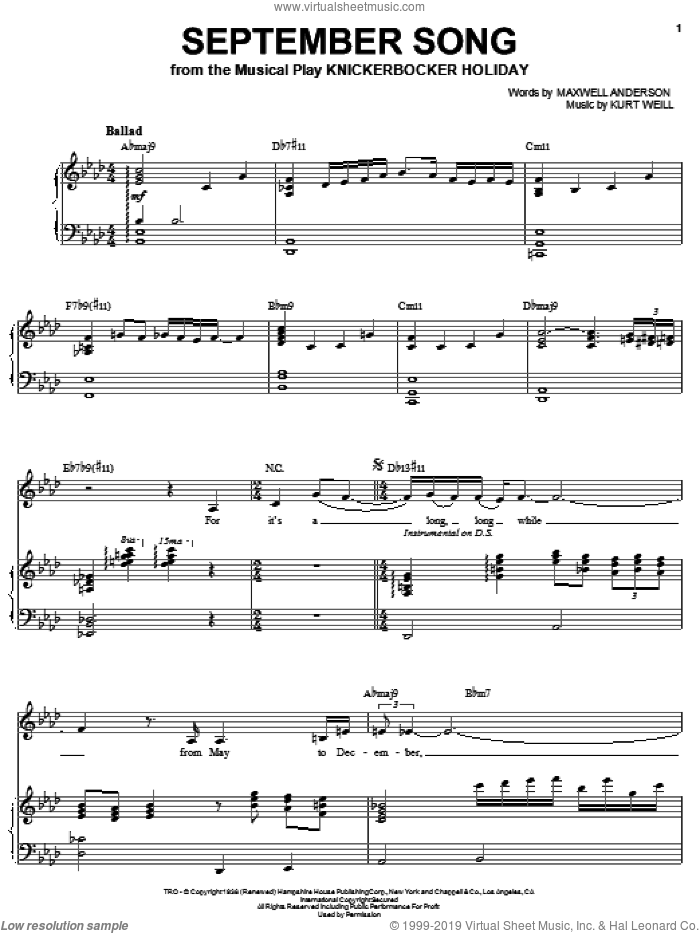 September Song sheet music for voice and piano by Sarah Vaughan, Kurt Weill and Maxwell Anderson, intermediate skill level
