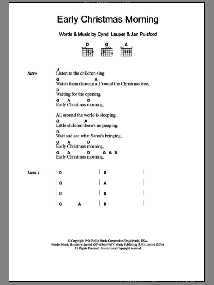 Early Christmas Morning sheet music for guitar (chords) by Cyndi Lauper and Jan Pulsford, intermediate skill level
