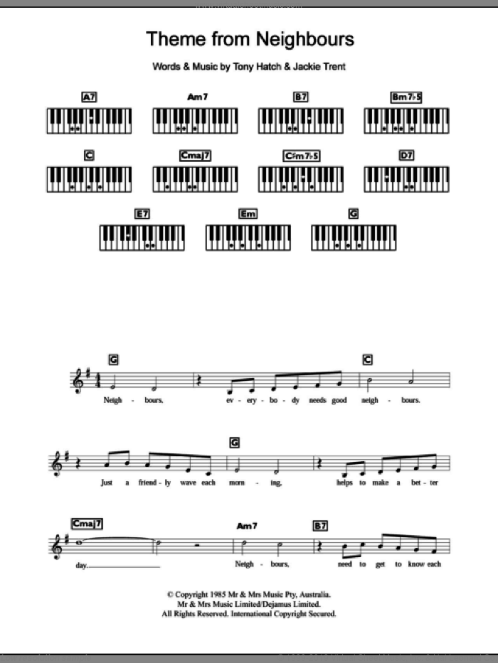 Theme From Neighbours sheet music for piano solo (chords, lyrics, melody) by Tony Hatch and Jackie Trent, intermediate piano (chords, lyrics, melody)