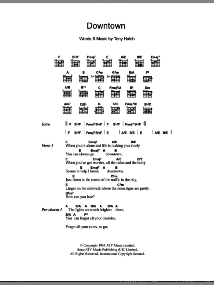 Downtown sheet music for guitar (chords) by Petula Clark and Tony Hatch, intermediate skill level
