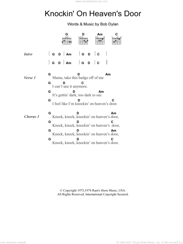 Knockin' On Heaven's Door sheet music for guitar (chords) by Bob Dylan, intermediate skill level