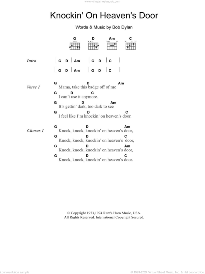 Knockin' On Heaven's Door sheet music for guitar (chords) by Bob Dylan, intermediate skill level