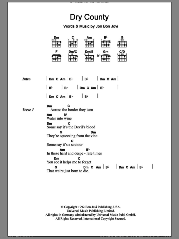 Dry County sheet music for guitar (chords) by Bon Jovi, intermediate skill level