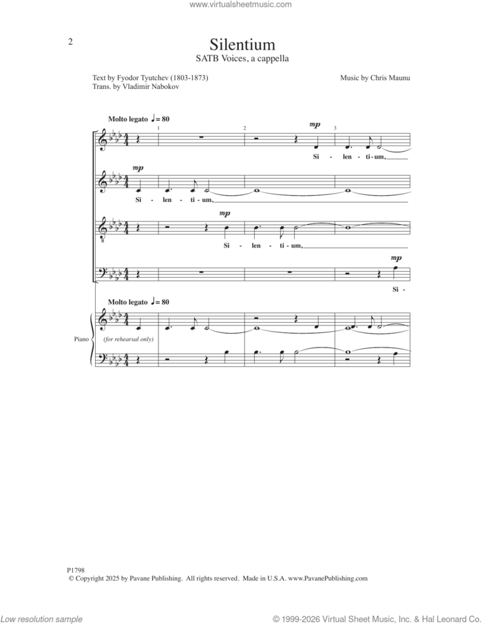 Silentium sheet music for choir (SATB: soprano, alto, tenor, bass) by Chris Maunu and Fyodor Tyutchev, intermediate skill level
