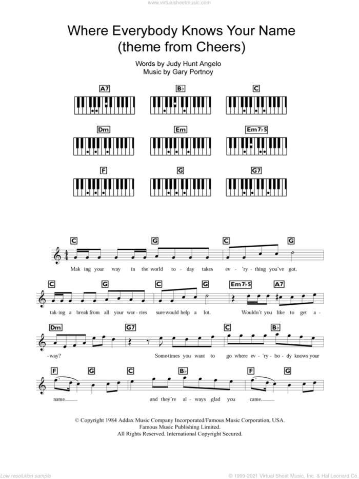 Where Everybody Knows Your Name sheet music for piano solo (chords, lyrics, melody) by Gary Portnoy and Judy Hunt Angelo, intermediate piano (chords, lyrics, melody)