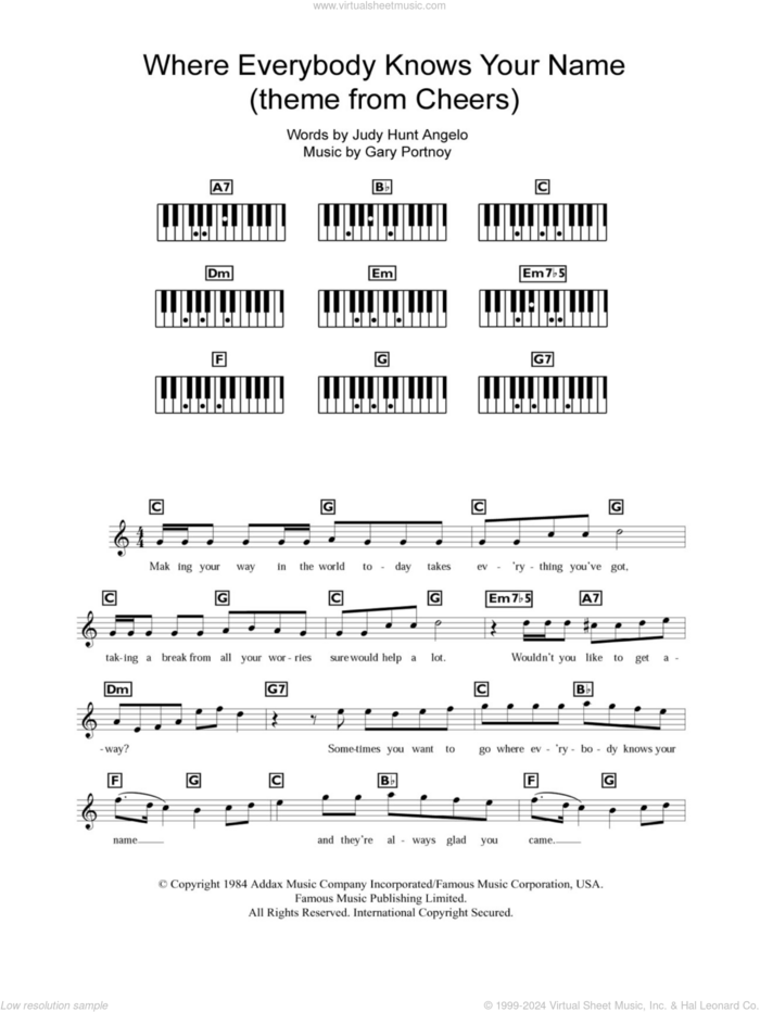 Where Everybody Knows Your Name sheet music for piano solo (chords, lyrics, melody) by Gary Portnoy and Judy Hunt Angelo, intermediate piano (chords, lyrics, melody)