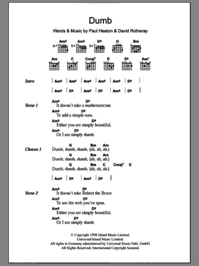 Dumb sheet music for guitar (chords) by The Beautiful South, David Rotheray and Paul Heaton, intermediate skill level
