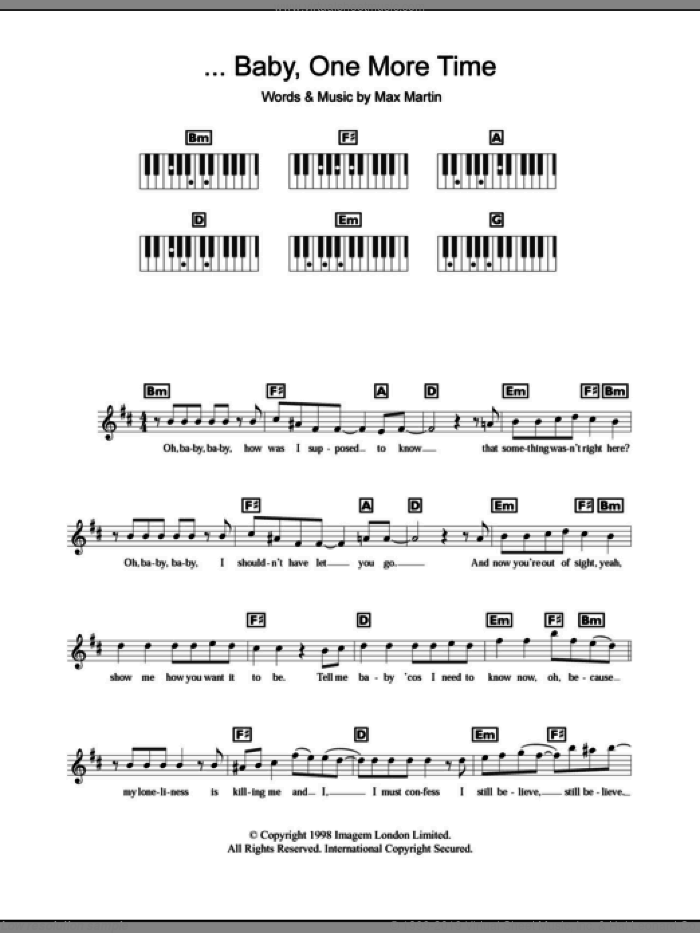 ...Baby One More Time sheet music for piano solo (chords, lyrics, melody) by Britney Spears and Max Martin, intermediate piano (chords, lyrics, melody)