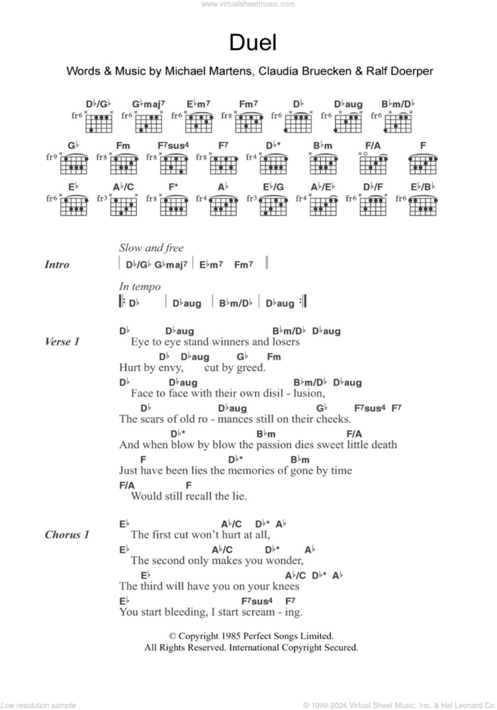 Duel sheet music for guitar (chords) by Propaganda, Claudia Bruecken, Michael Martens and Ralf Doerper, intermediate skill level