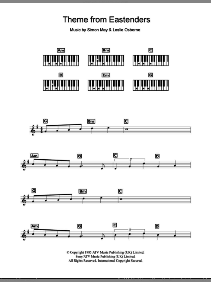 Theme From EastEnders sheet music for piano solo (chords, lyrics, melody) by Leslie Osborne and Simon May, intermediate piano (chords, lyrics, melody)