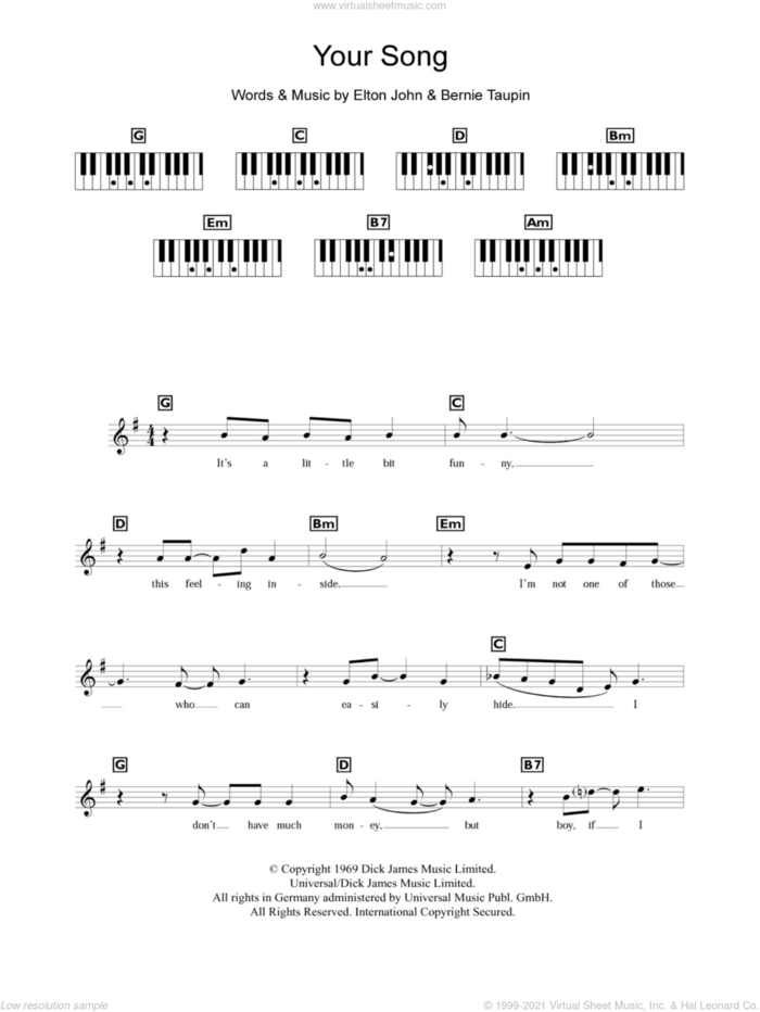 Your Song sheet music for piano solo (chords, lyrics, melody) by Elton John and Bernie Taupin, intermediate piano (chords, lyrics, melody)
