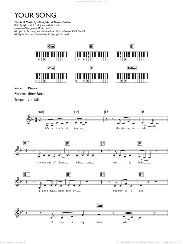 Your Song sheet music for piano solo (chords, lyrics, melody) by Elton John and Bernie Taupin, intermediate piano (chords, lyrics, melody)