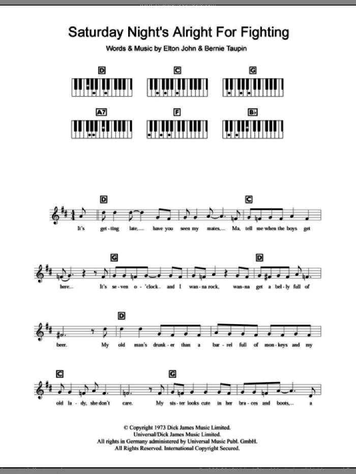 Saturday Night's Alright For Fighting sheet music for piano solo (chords, lyrics, melody) by Elton John and Bernie Taupin, intermediate piano (chords, lyrics, melody)
