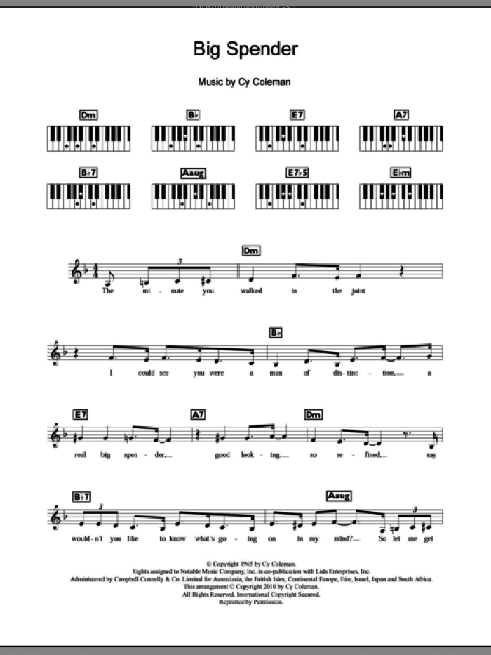 Big Spender sheet music for piano solo (chords, lyrics, melody) by Cy Coleman, intermediate piano (chords, lyrics, melody)