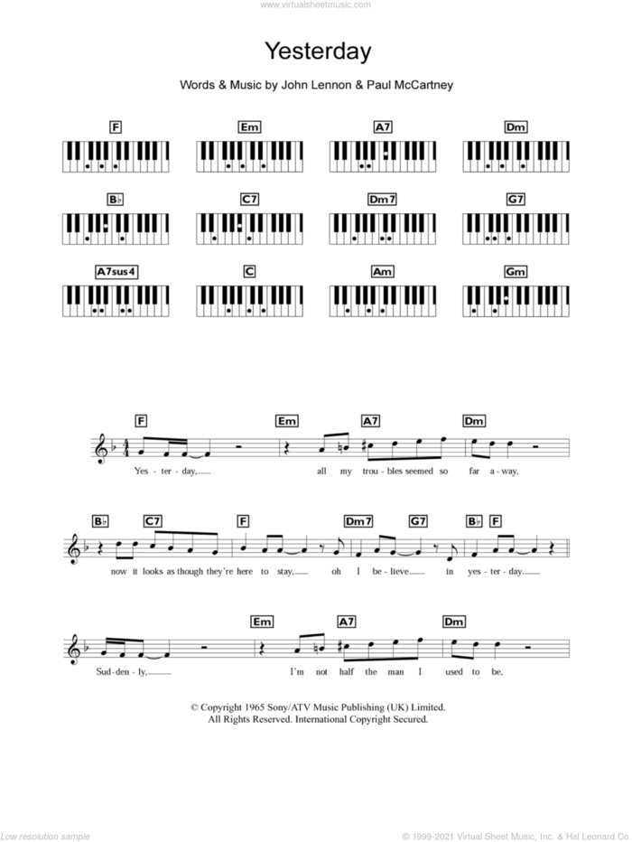 Yesterday sheet music for piano solo (chords, lyrics, melody) by The Beatles, John Lennon and Paul McCartney, intermediate piano (chords, lyrics, melody)