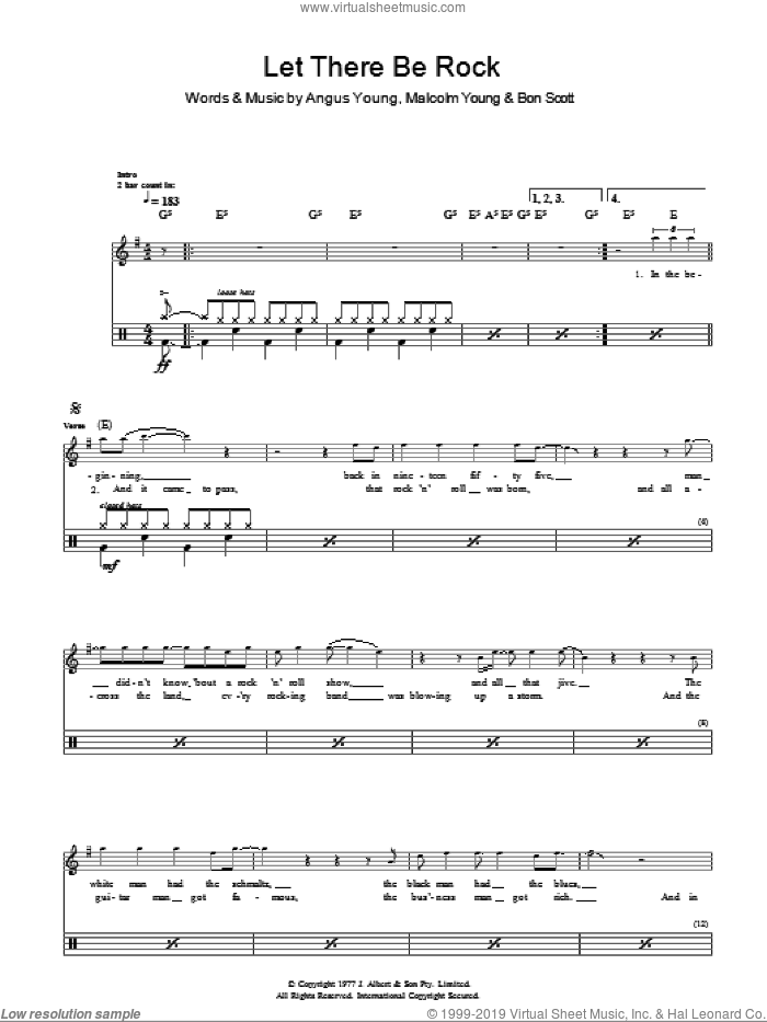 Let There Be Rock (Drums) sheet music for voice and other instruments (fake book) by AC/DC, Angus Young, Bon Scott and Malcolm Young, intermediate skill level