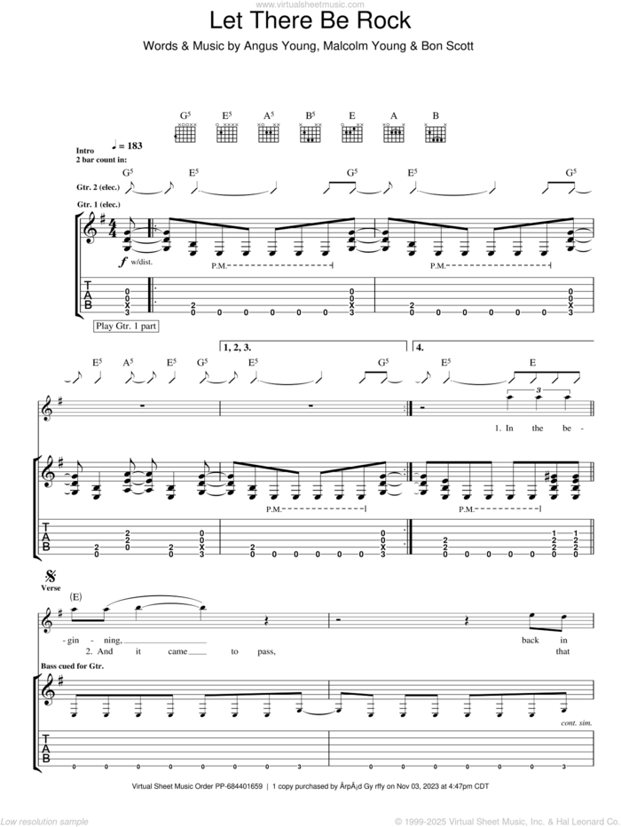 Let There Be Rock sheet music for guitar (tablature) by AC/DC, Angus Young, Bon Scott and Malcolm Young, intermediate skill level