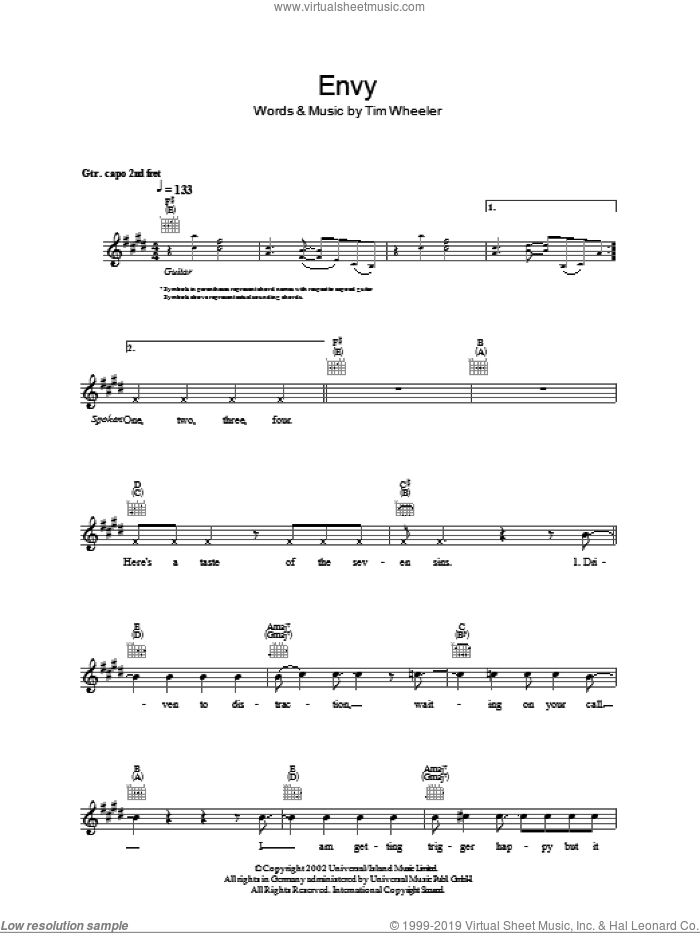 Envy sheet music for voice and other instruments (fake book) by Tim Wheeler, intermediate skill level