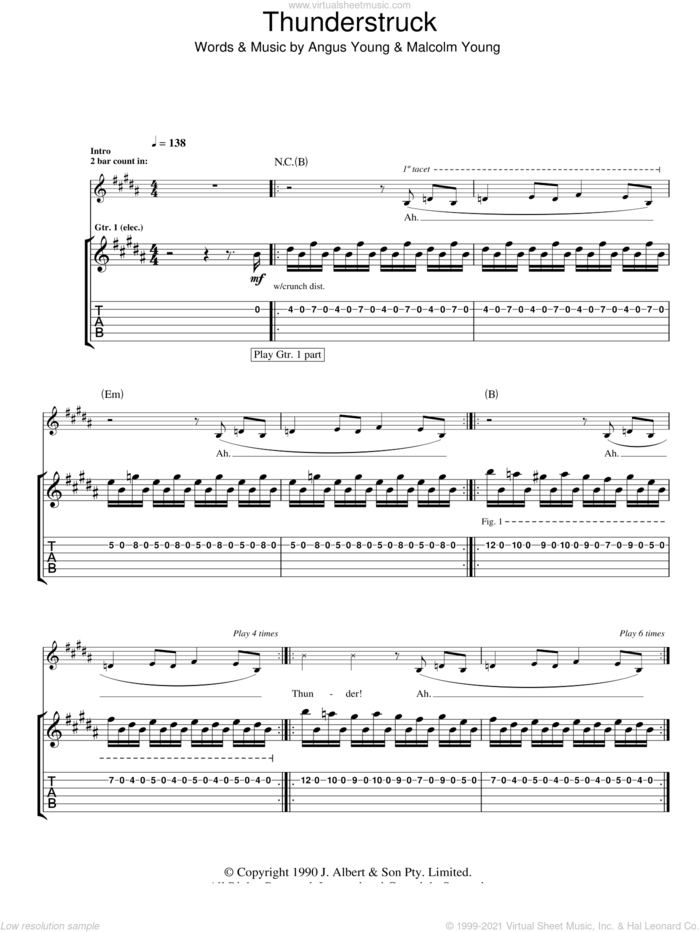 Thunderstruck sheet music for guitar (tablature) by AC/DC, Angus Young and Malcolm Young, intermediate skill level