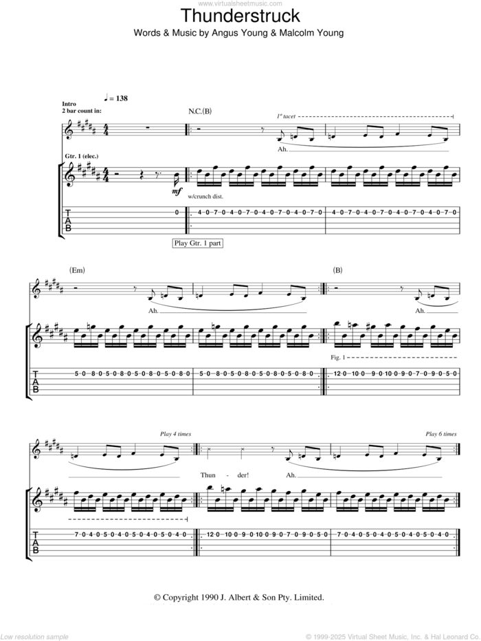 Thunderstruck sheet music for guitar (tablature) by AC/DC, Angus Young and Malcolm Young, intermediate skill level