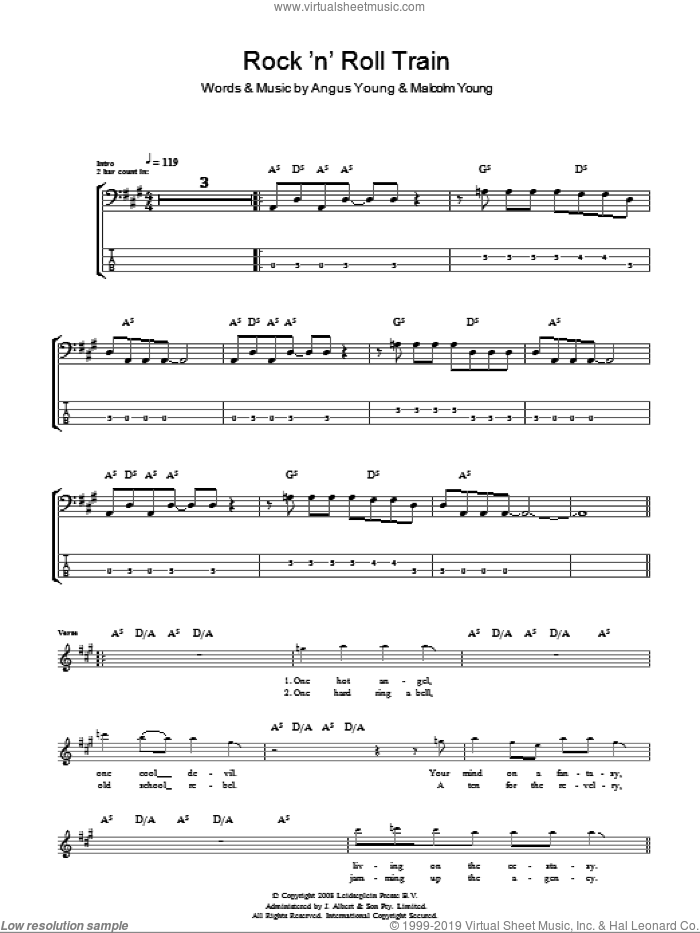 Rock 'N' Roll Train sheet music for bass (tablature) (bass guitar) by AC/DC, Angus Young and Malcolm Young, intermediate skill level