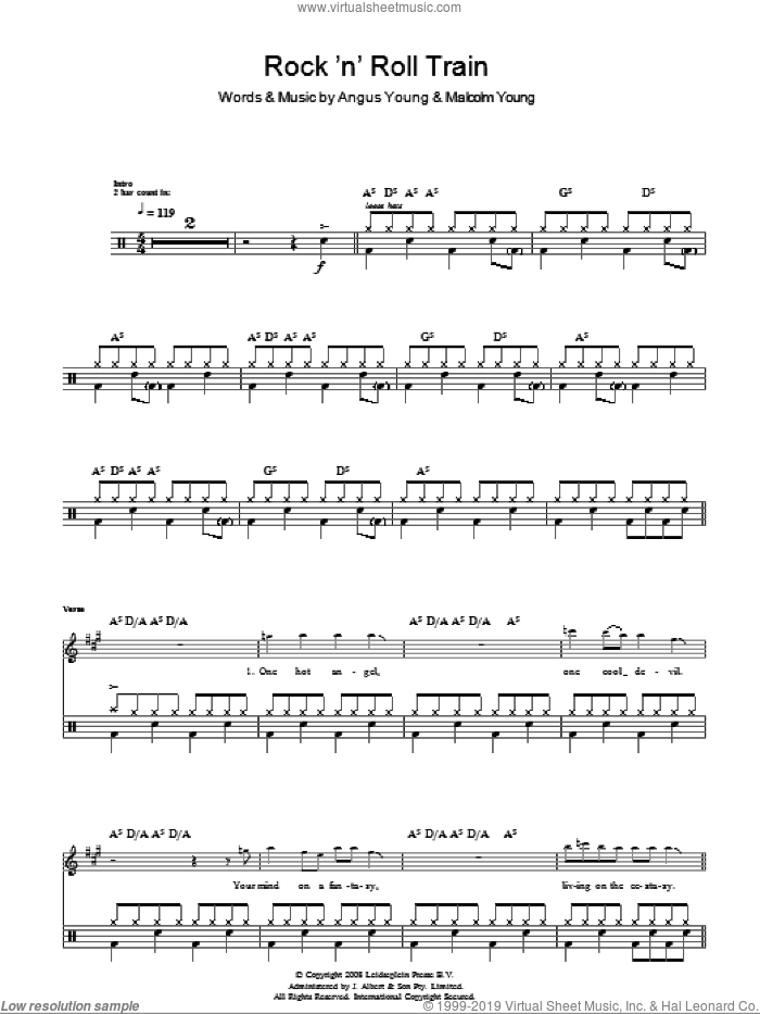 Rock 'N' Roll Train (Drums) sheet music for voice and other instruments (fake book) by AC/DC, Angus Young and Malcolm Young, intermediate skill level