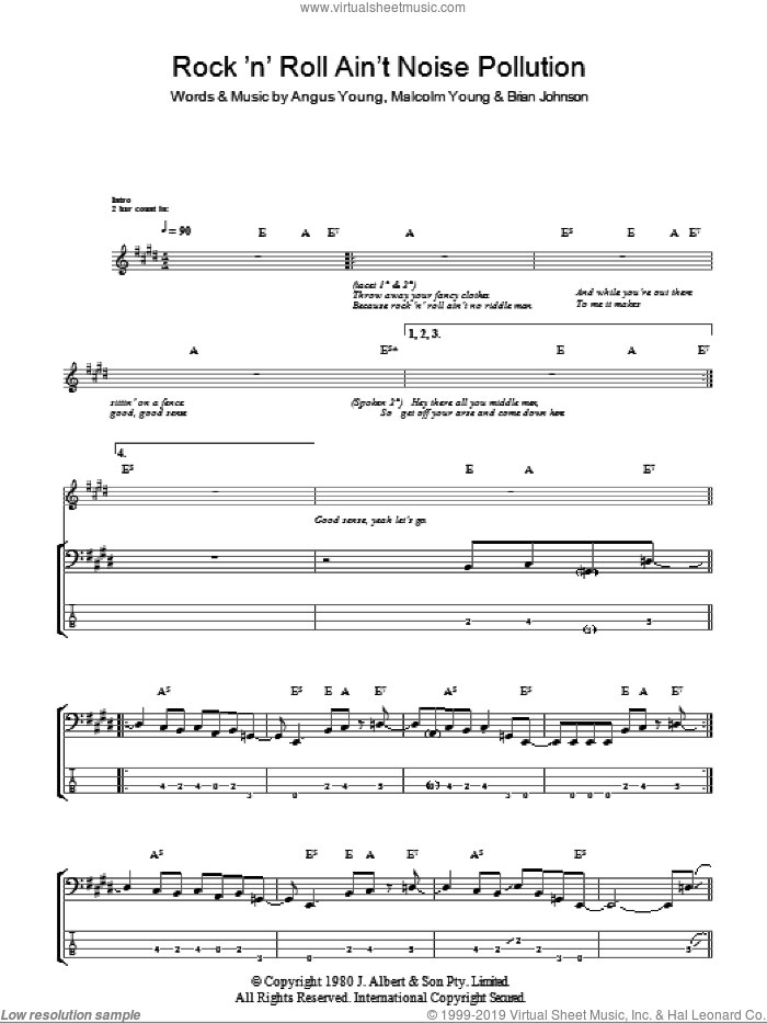 Rock And Roll Ain't Noise Pollution sheet music for bass (tablature) (bass guitar) by AC/DC, Angus Young, Brian Johnson and Malcolm Young, intermediate skill level