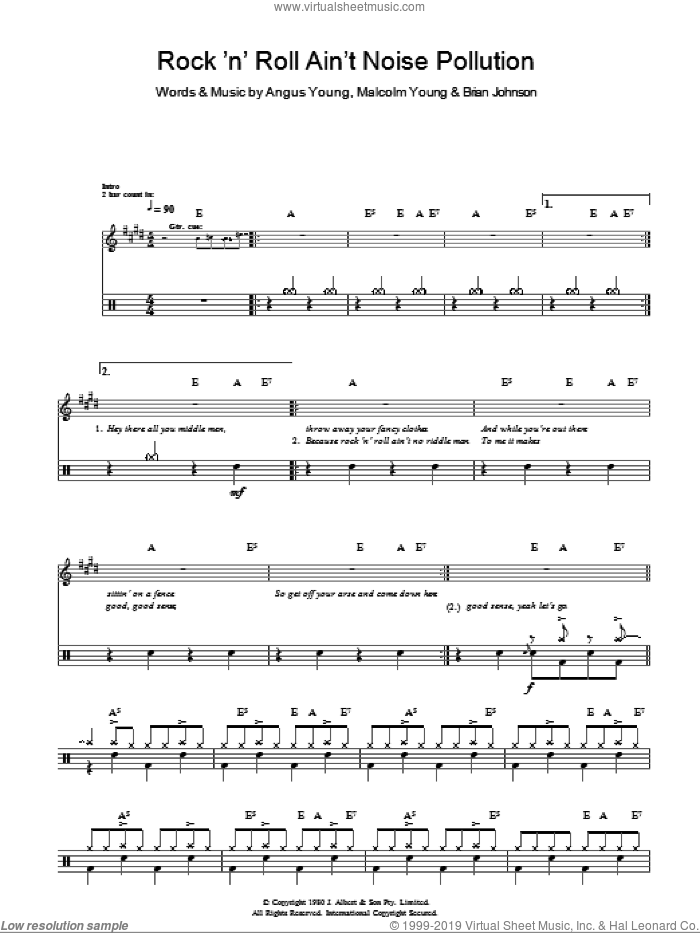 Rock And Roll Ain't Noise Pollution (Drums) sheet music for voice and other instruments (fake book) by AC/DC, Angus Young, Brian Johnson and Malcolm Young, intermediate skill level