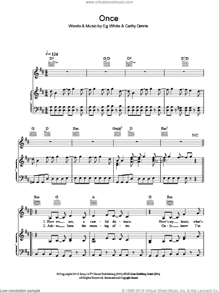 Once sheet music for voice, piano or guitar by Diana Vickers, Cathy Dennis and Eg White, intermediate skill level