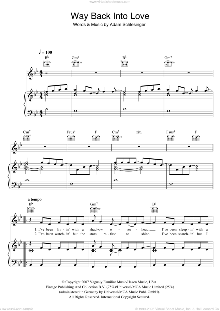 Way Back Into Love (from the soundtrack to 'Music And Lyrics') sheet music for voice, piano or guitar by Hugh Grant & Haley Bennett and Adam Schlesinger, intermediate skill level