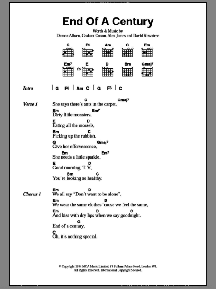 End Of A Century sheet music for guitar (chords) by Blur, Alex James, Damon Albarn, David Rowntree and Graham Coxon, intermediate skill level