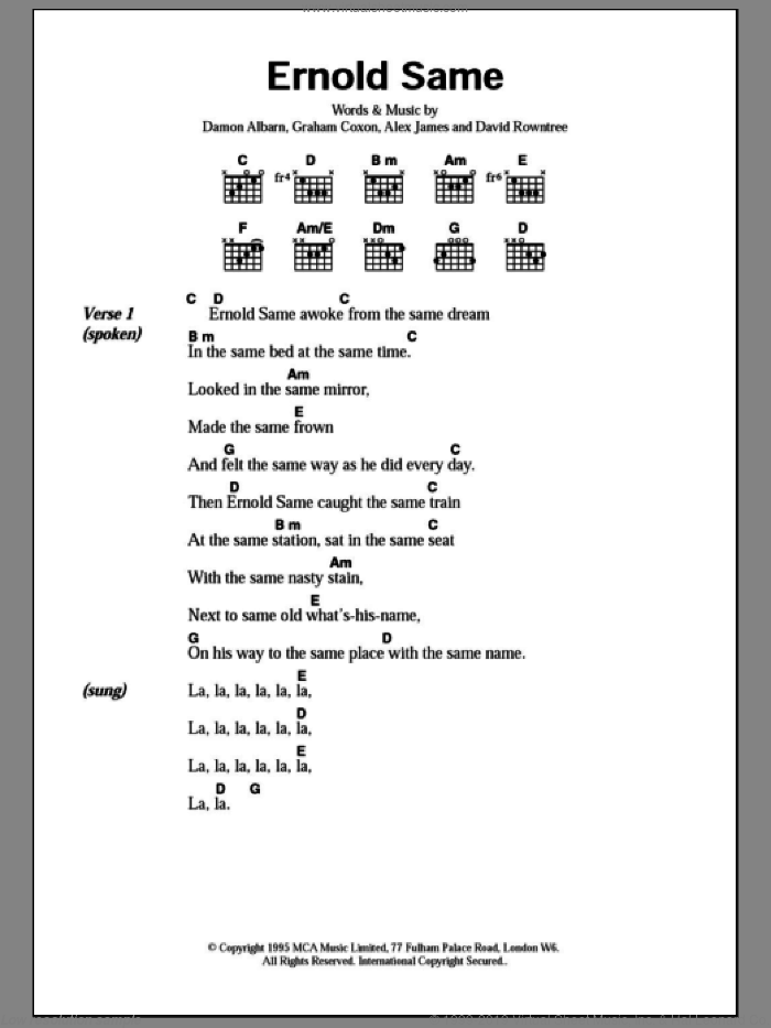 Ernold Same sheet music for guitar (chords) by Blur, Alex James, Damon Albarn, David Rowntree and Graham Coxon, intermediate skill level