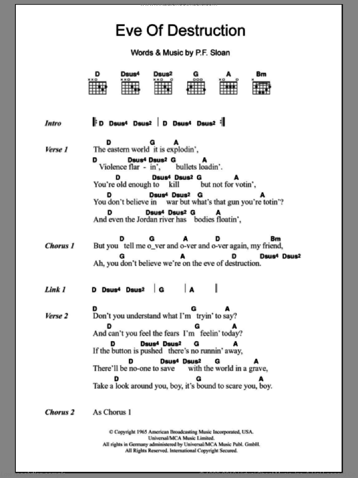 Eve Of Destruction sheet music for guitar (chords) by Barry McGuire and P.F. Sloan, intermediate skill level