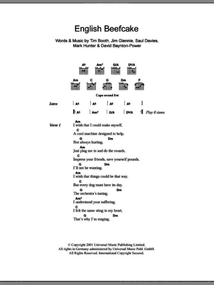 English Beefcake sheet music for guitar (chords) by Alex James, David Baynton-Power, Jim Glennie, Mark Hunter, Saul Davies and Tim Booth, intermediate skill level