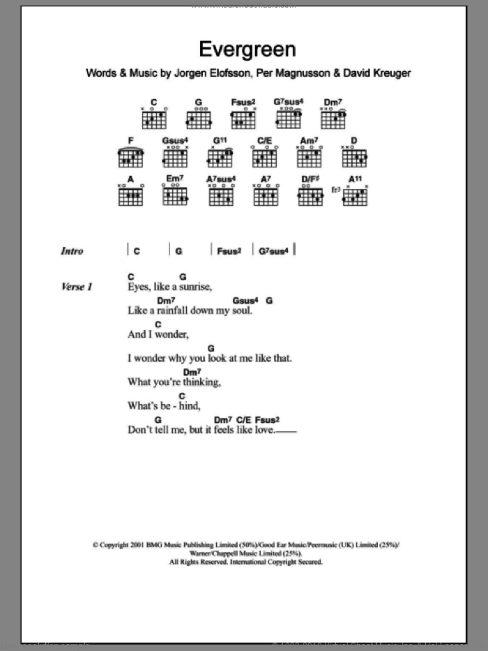 Evergreen sheet music for guitar (chords) by Will Young, Westlife, David Kreuger, JAAorgen Elofsson, Jorgen Elofsson and Per Magnusson, intermediate skill level