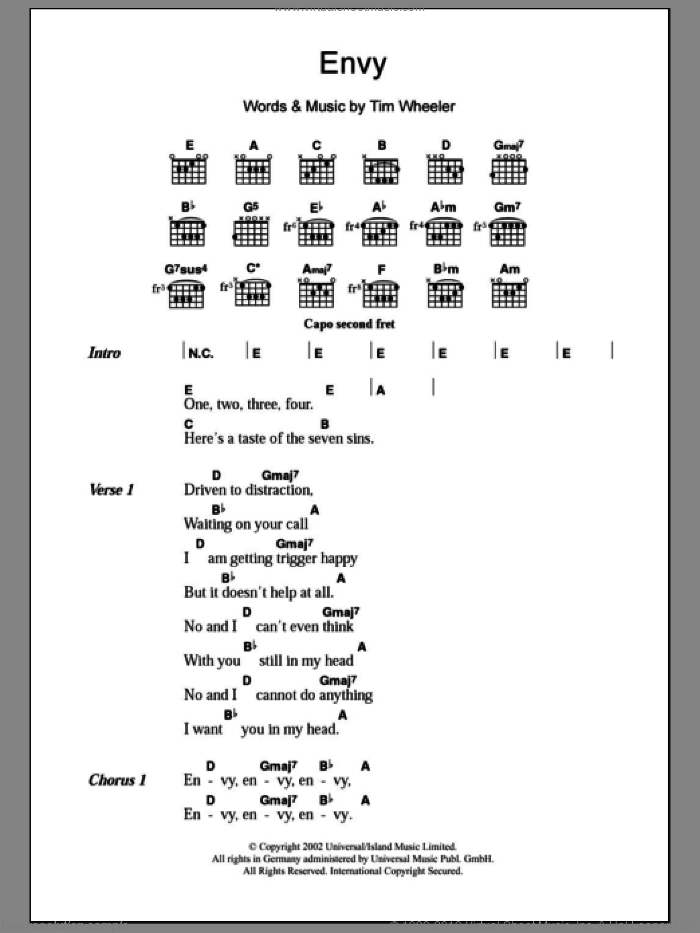 Envy sheet music for guitar (chords) by Tim Wheeler, intermediate skill level