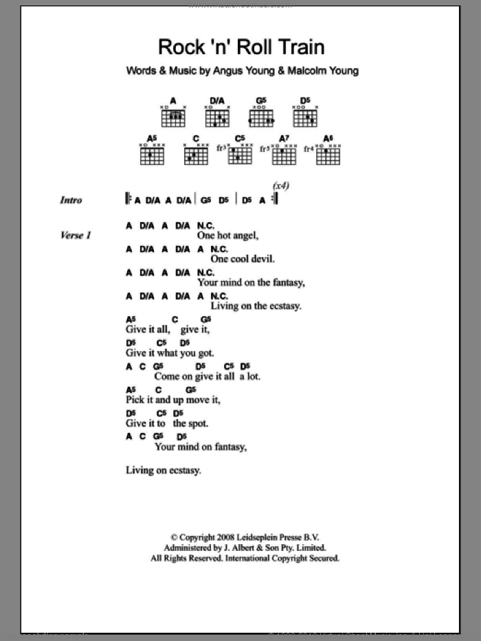 Rock 'N' Roll Train sheet music for guitar (chords) by AC/DC, Angus Young and Malcolm Young, intermediate skill level