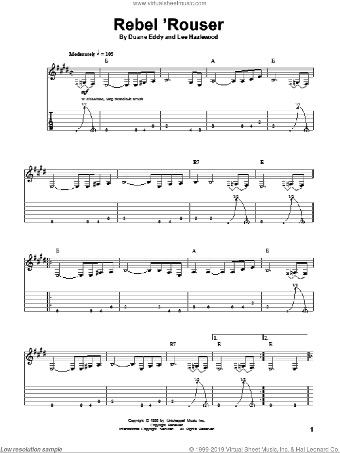 Rebel 'Rouser sheet music for guitar (tablature, play-along) by Duane Eddy and Lee Hazlewood, intermediate skill level
