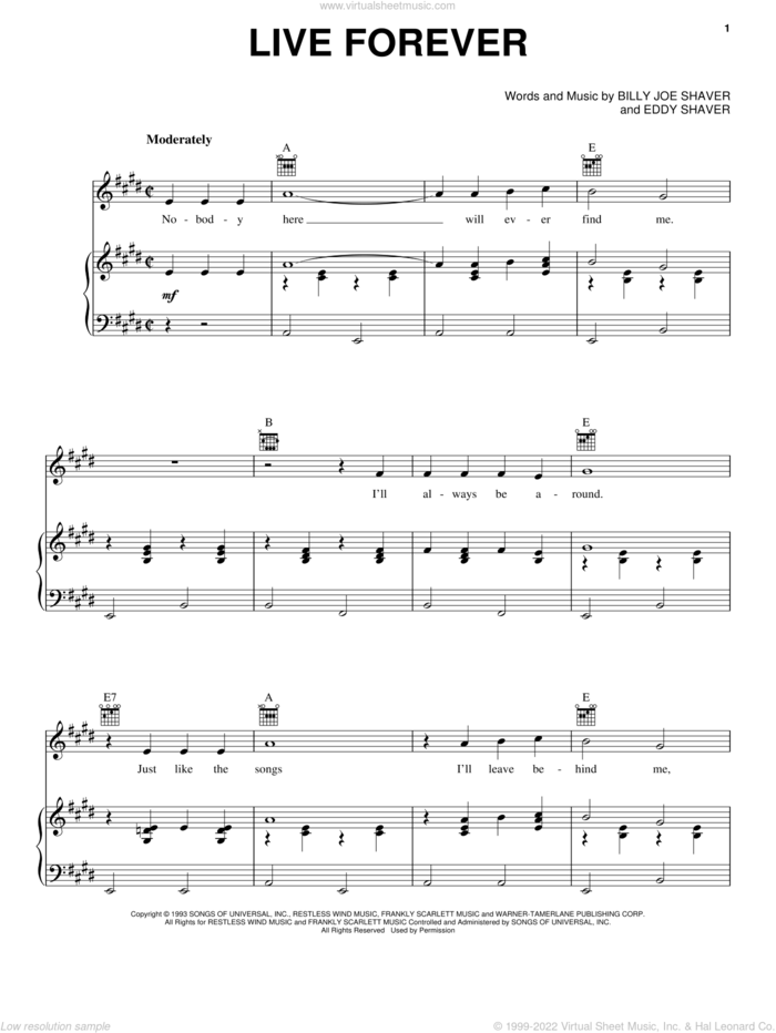 Live Forever sheet music for voice, piano or guitar by Robert Duvall, Crazy Heart (Movie), Billy Joe Shaver and Eddy Shaver, intermediate skill level