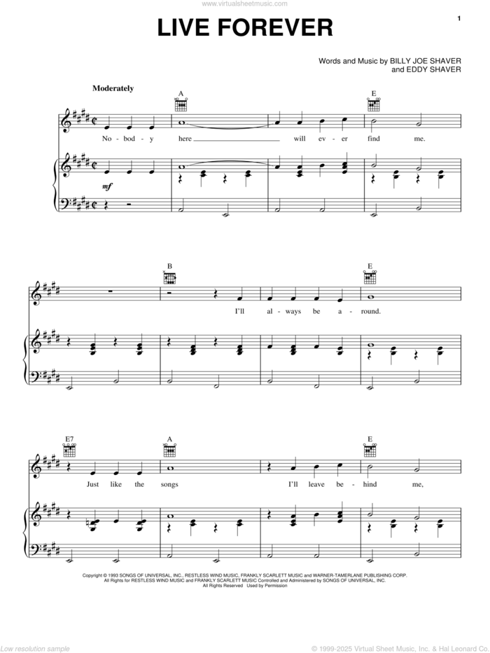 Live Forever sheet music for voice, piano or guitar by Robert Duvall, Crazy Heart (Movie), Billy Joe Shaver and Eddy Shaver, intermediate skill level