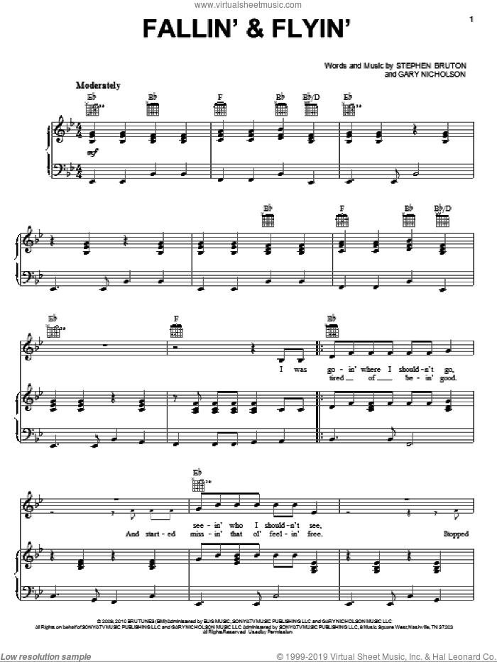 Fallin' and Flyin' sheet music for voice, piano or guitar by Colin Farrell and Jeff Bridges, Colin Farrell, Crazy Heart (Movie), Jeff Bridges, Gary Nicholson and Stephen Bruton, intermediate skill level