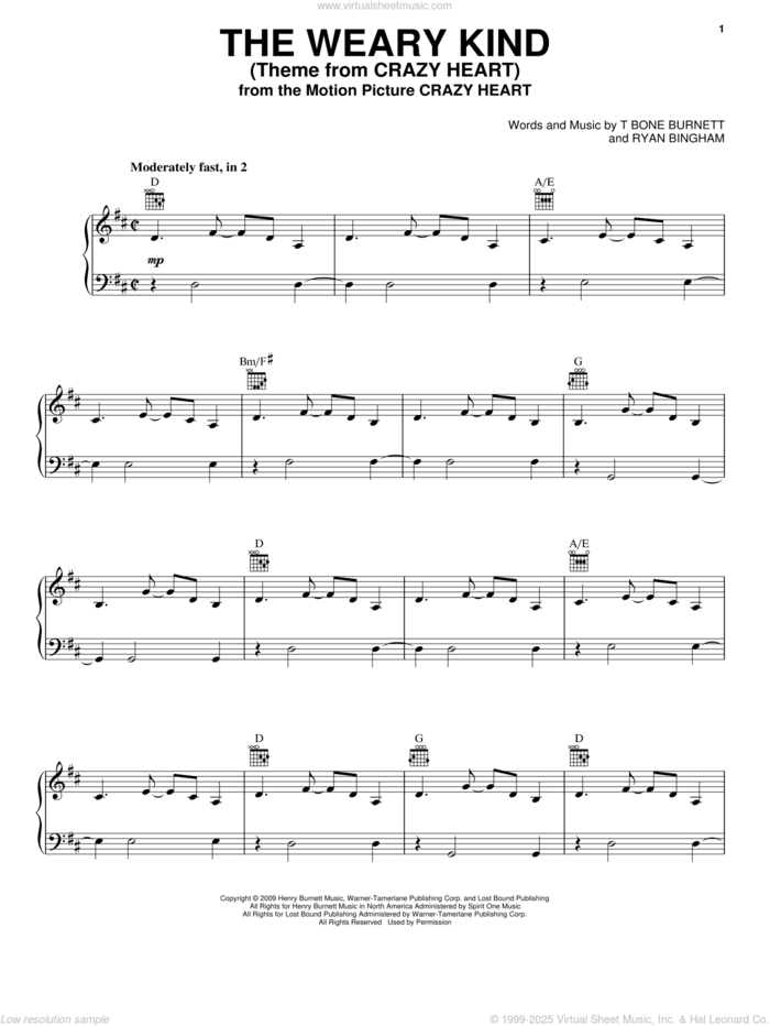 The Weary Kind (Theme From Crazy Heart) sheet music for voice, piano or guitar by Ryan Bingham, Crazy Heart (Movie) and T-Bone Burnett, intermediate skill level