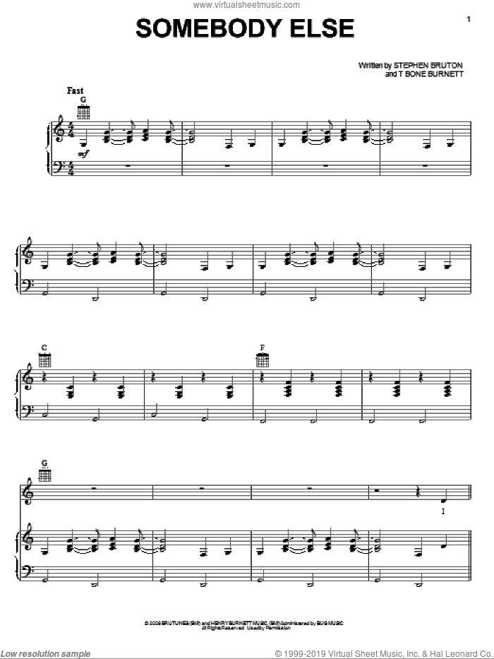 Somebody Else sheet music for voice, piano or guitar by Jeff Bridges, Crazy Heart (Movie), Stephen Bruton and T-Bone Burnett, intermediate skill level