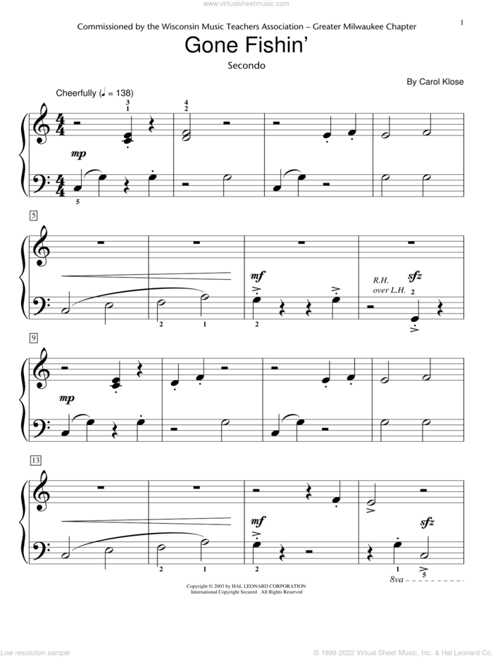 Gone Fishin' (Piano Duet) sheet music for piano solo (elementary) by Carol Klose and Miscellaneous, beginner piano (elementary)