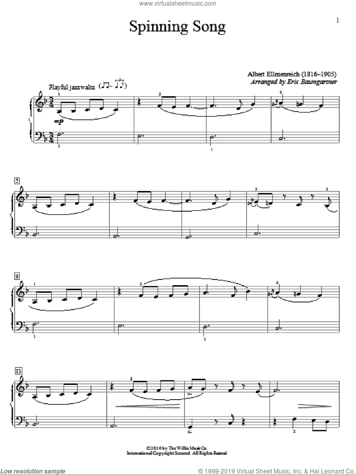 Spinning Song sheet music for piano solo (elementary) by Albert Ellmenreich and Eric Baumgartner, classical score, beginner piano (elementary)