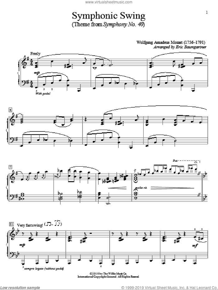 Symphonic Swing (Theme From Symphony No. 40) sheet music for piano solo (elementary) by Wolfgang Amadeus Mozart and Eric Baumgartner, classical score, beginner piano (elementary)