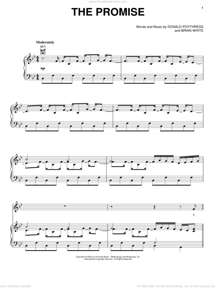 The Promise sheet music for voice, piano or guitar by The Martins, Bryan White and Don Poythress, intermediate skill level