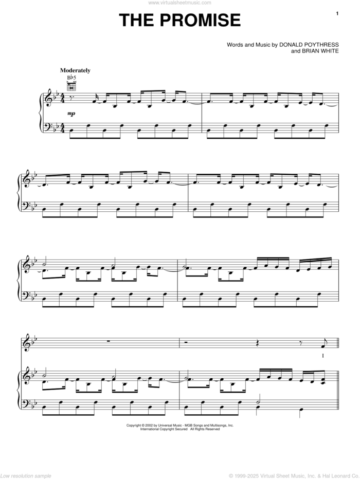 The Promise sheet music for voice, piano or guitar by The Martins, Bryan White and Don Poythress, intermediate skill level