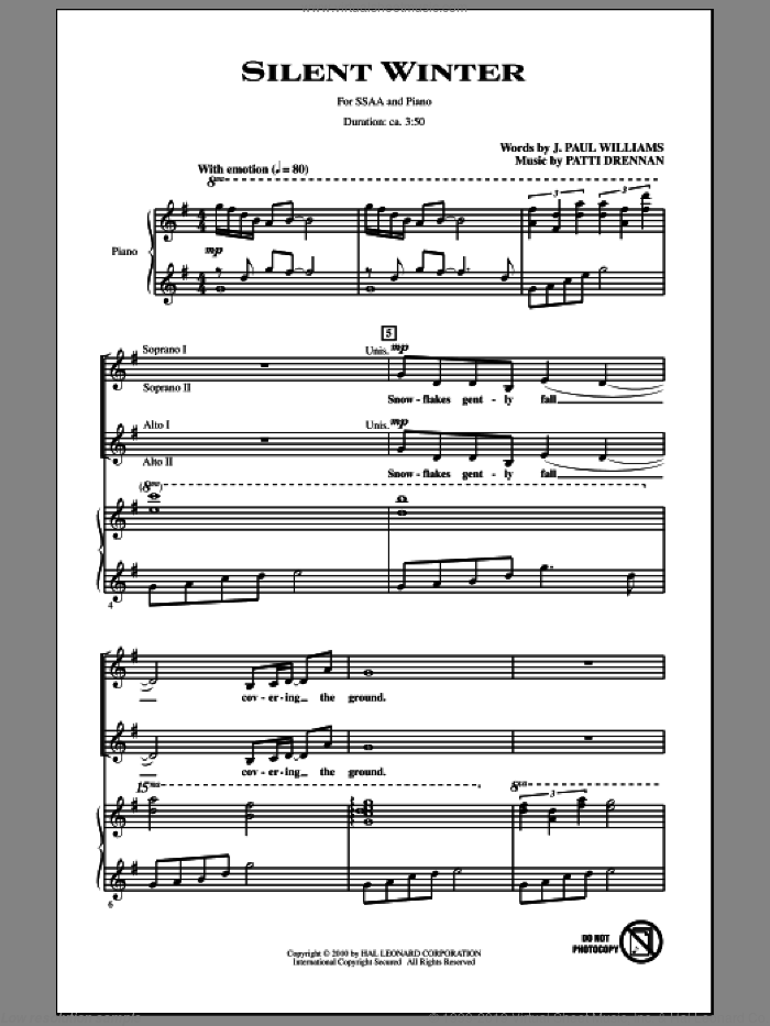 Silent Winter sheet music for choir (SSA: soprano, alto) by Patti Drennan and J. Paul Williams, intermediate skill level